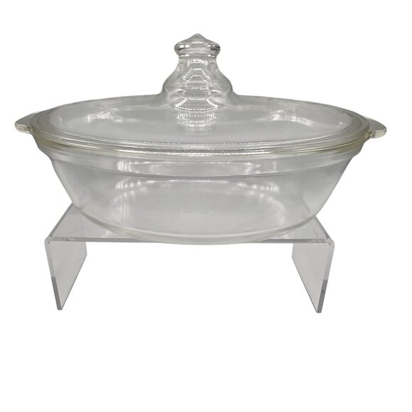 Pyrex 1.5qt Vintage Oval Glass Casserole Dish Etched Silver Plated Footed Holder - Picture 5 of 16